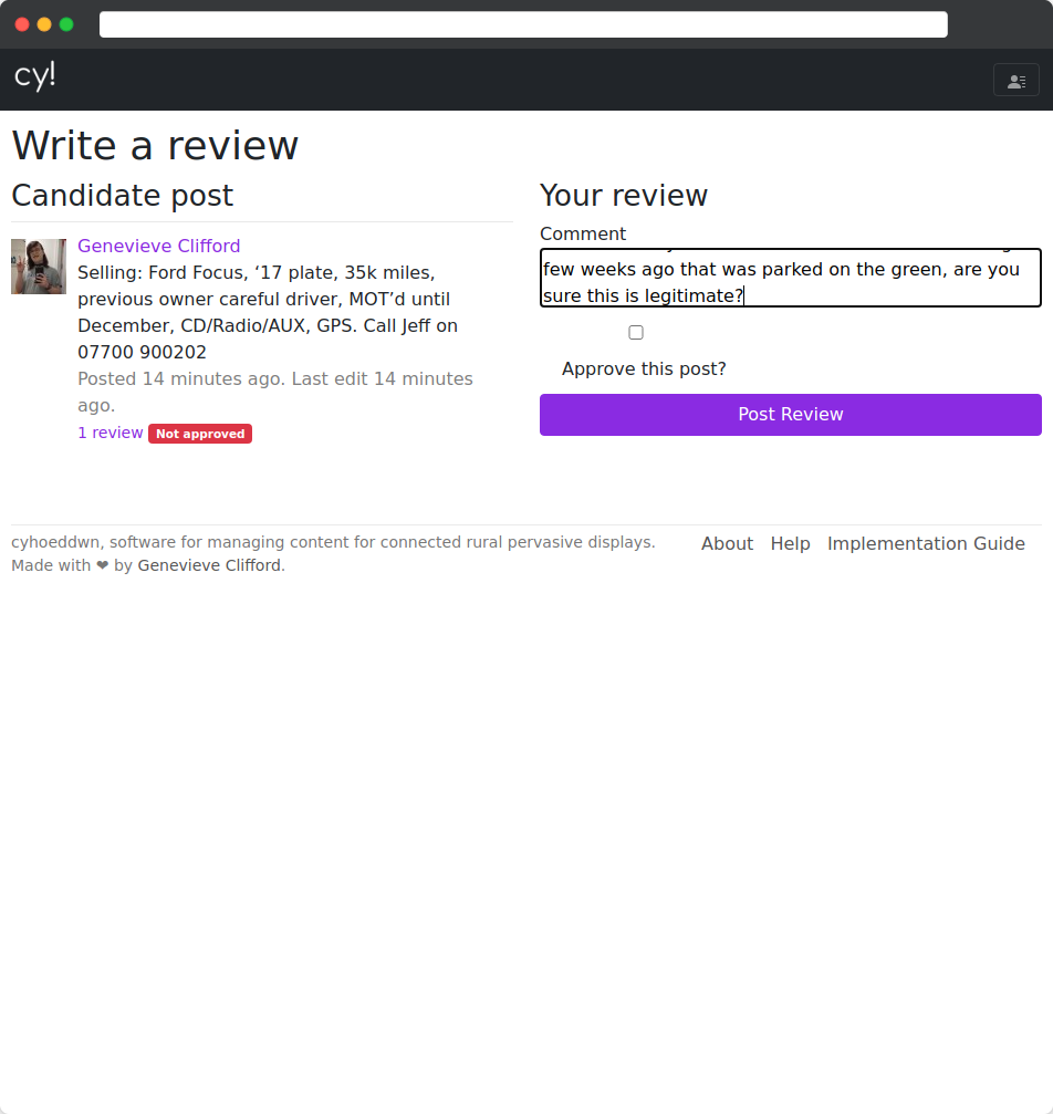 'Write a review' view, the user is authoring a review that is critical of an advert for selling a car.